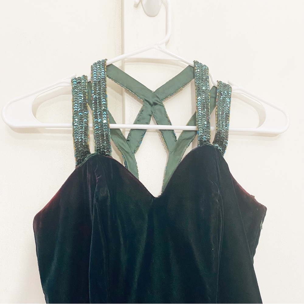 DE LARU green velvet strappy mini dress sequin straps side zip formal/holiday 3
